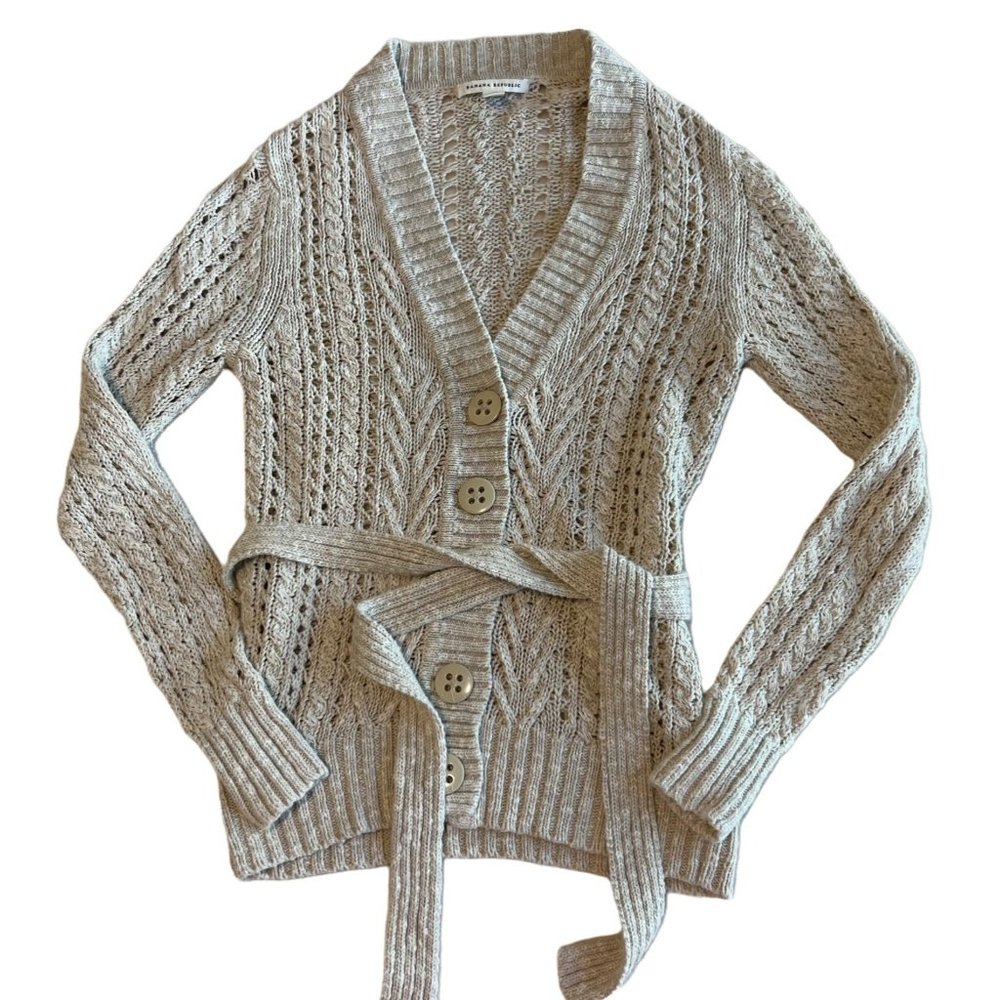 Banana Republic Light Beige Cable Knit Belted Cardigan